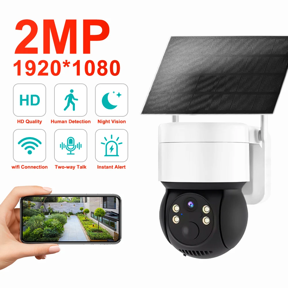 Câmera de Segurança Sem Fio com Painel Solar, CCTV Impermeável, Visão Noturna, PIR Detecção Humana, PTZ, Wi-Fi, Ao Ar Livre, 2MP, HD