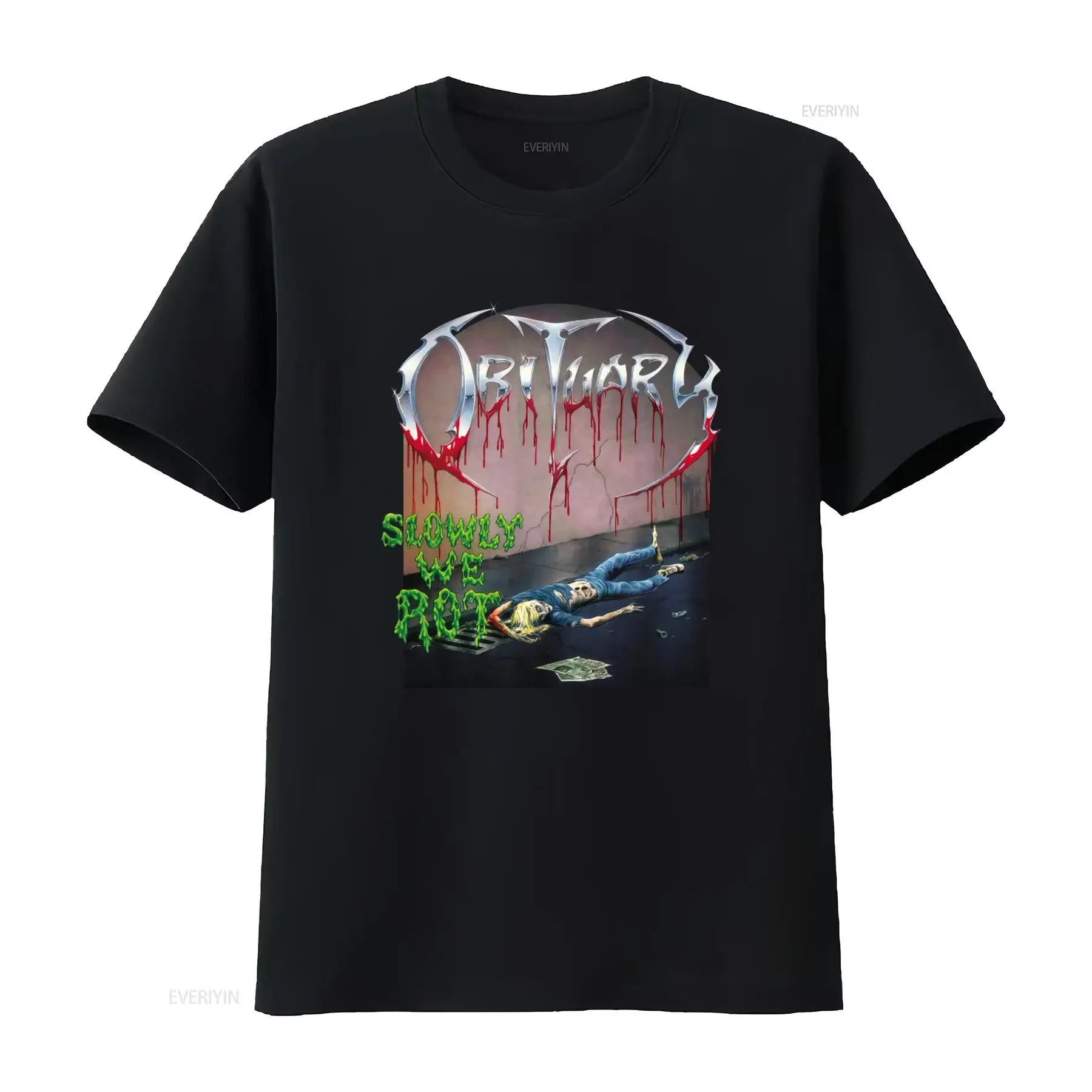 OBITUARY Slowly We Rot Print T Shirt for Men Black LARGE Size vintage Washed fashion Slightly Stylish Unisex graphic Versatile
