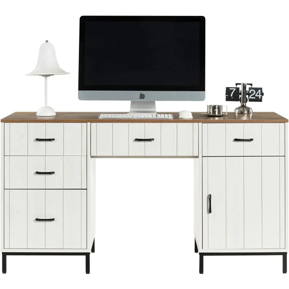 

55" Executive Desk, Modern Wood Office Table with Charging Station, 5 File Drawer & 1 Storage Cabinet, Home Computer Writing