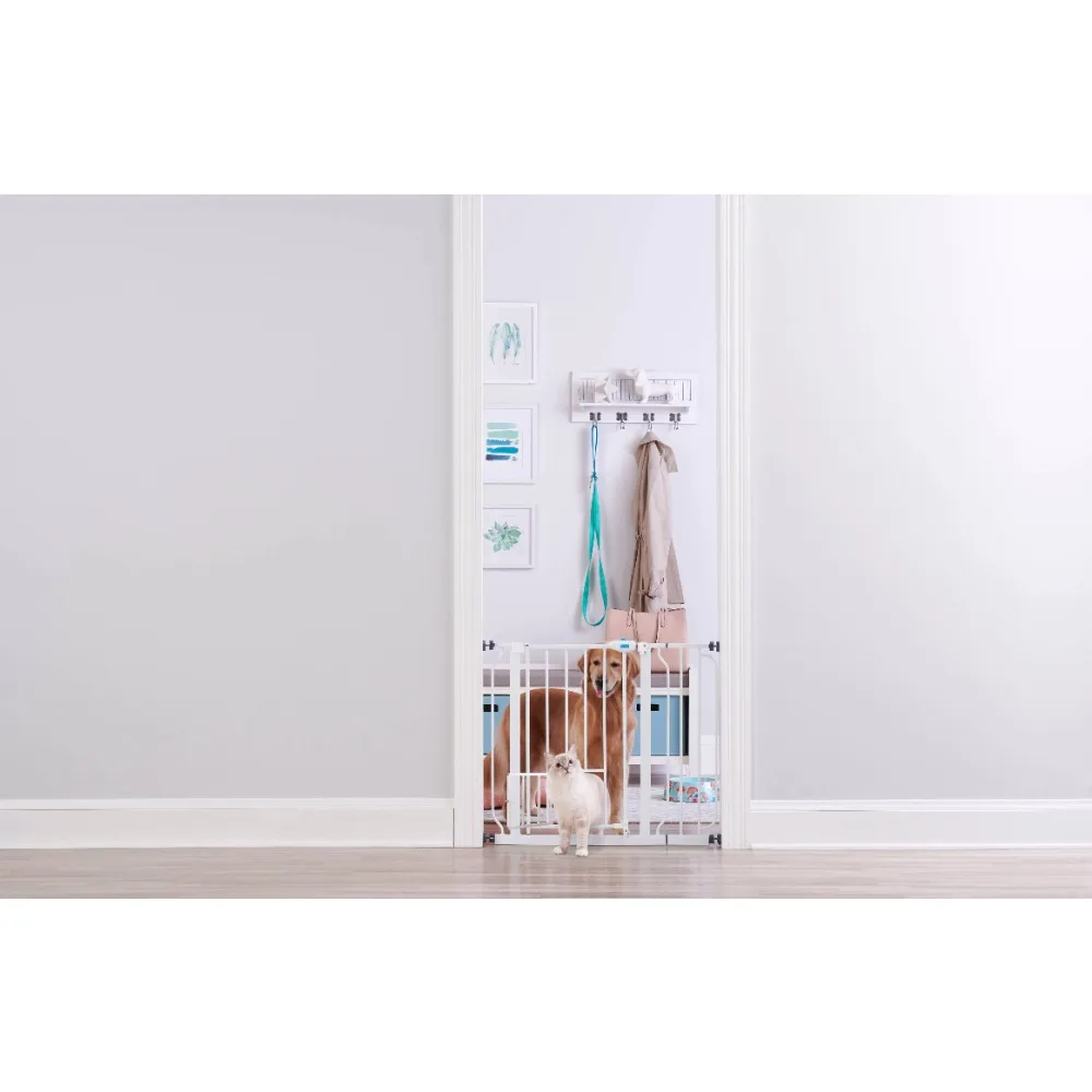 31"H Extra-Wide Walk Through Metal Dog Pet Gate, with Additional Small Door, White