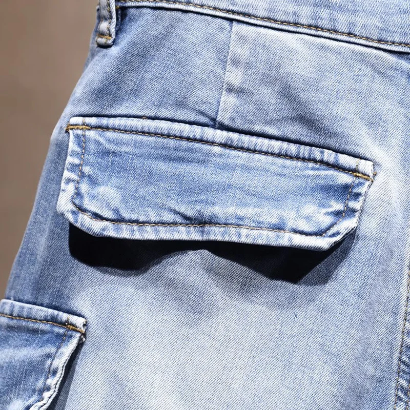 Y2K Autumn Street Fashion Men's Jeans Washed Retro Elastic Slim fit Large Pocket Retro Light Blue Jeans Italian Retro Pants Homb
