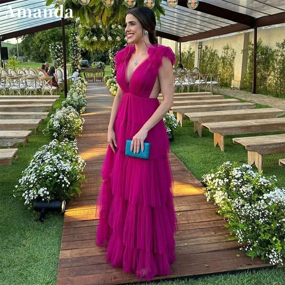 Amanda Fuchsia V-Ausschnitt Vestidos de Noche mehr schicht ige A-Linie Tüll Ballkleider elegante ärmellose boden lange formelle Abend 2024