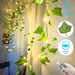 Guirnalda de luces de vid Artificial para decoración del hogar, guirnalda navideña alimentada por USB y batería, flor, hoja verde, 2M-10M