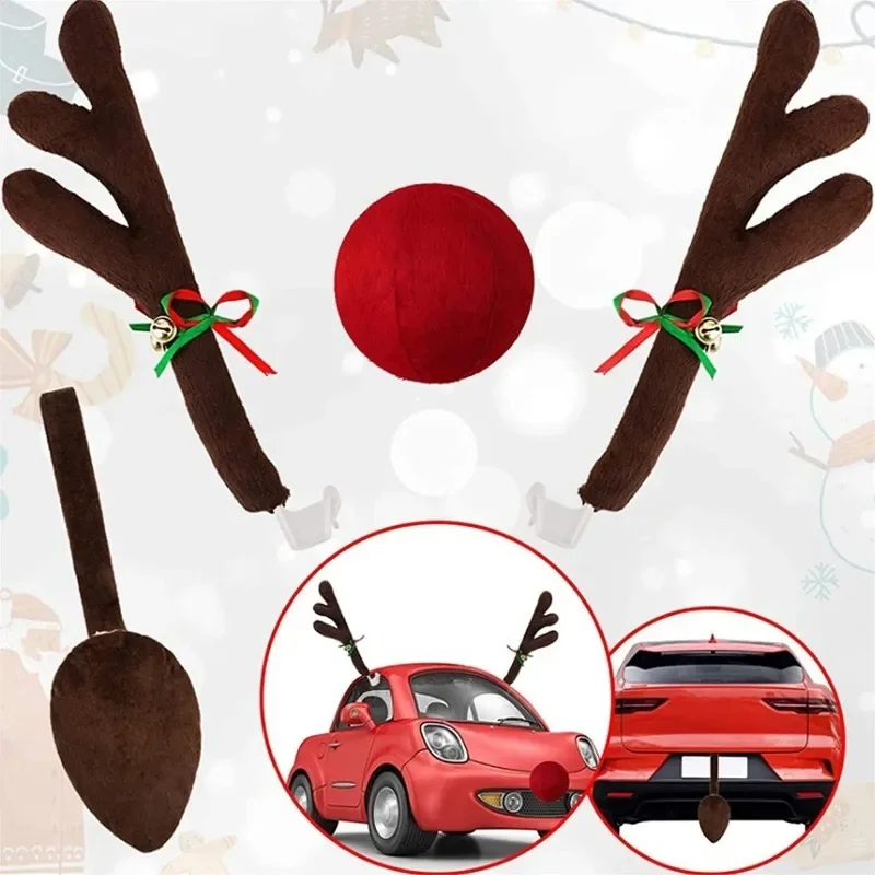 Car Antlers & Nose Window Roof Top & Grille Rudolph Jingle Bell Christmas Costume Auto Accessories Decoration Kit Xmas Gift Set