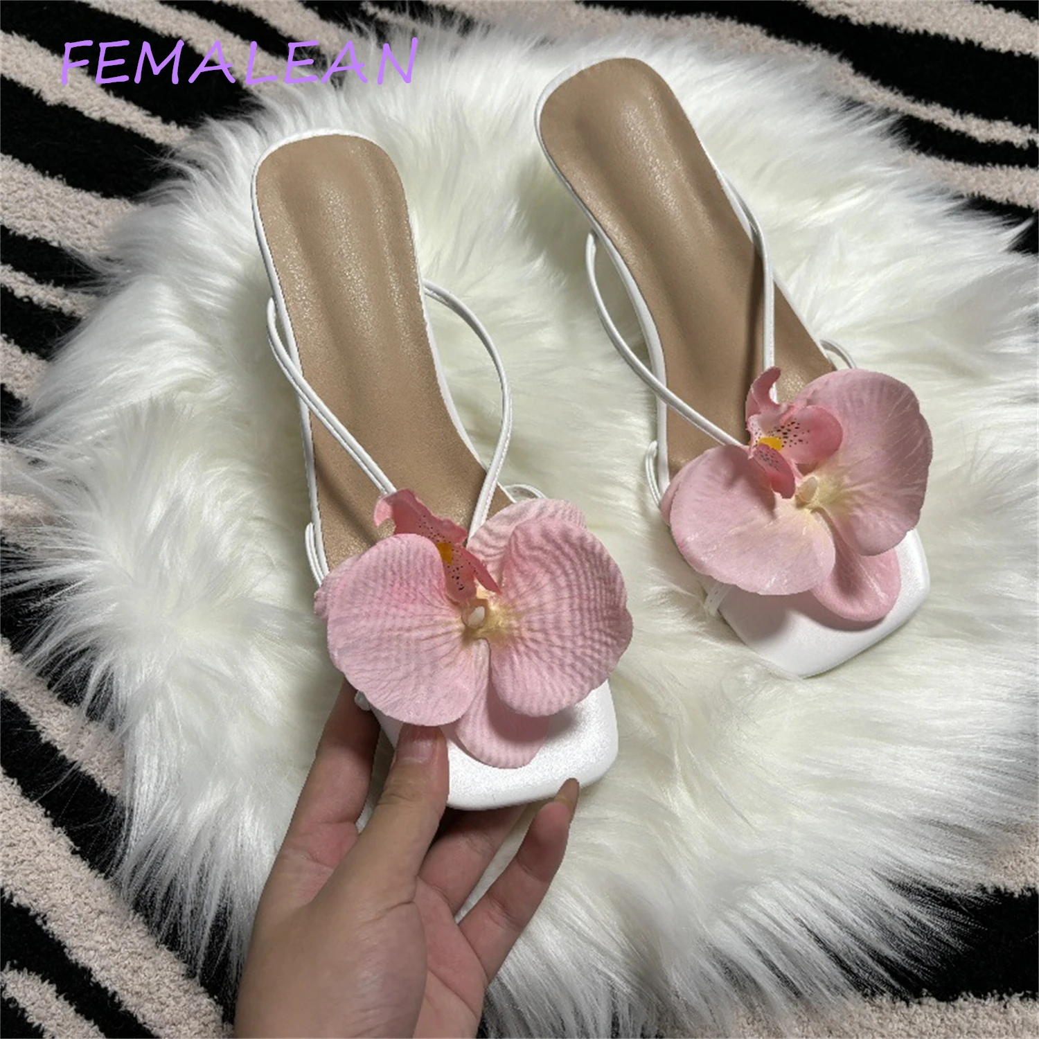 Orchid Flower Summer New High Heeled Women White Pink Blue Purple Floral Heels Square Toe Prom Slipper Slingback Shoes For Women