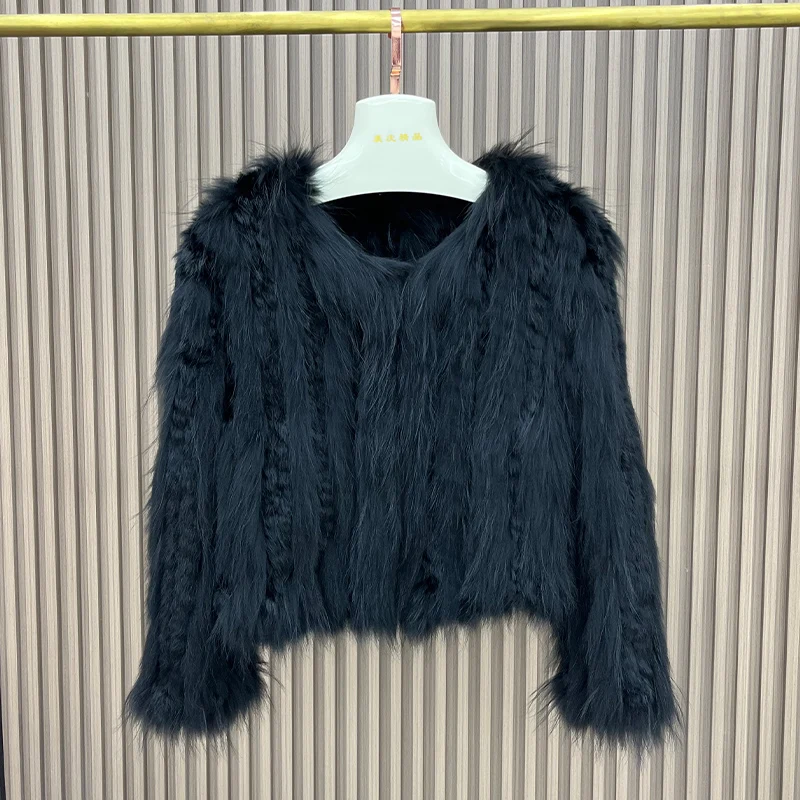 Autumn Winter Women Real Rabbit And Raccoon Fur Thick Coat 100% Natural Fur Warm Jacket Handmade Knitted Luxury Full Sleeves