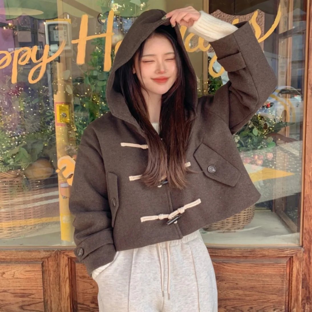 Dames Wollen Jaet Loose Fit Sweet Cool Sle Button Detail Capuchon ort Top East Gate Ins Retro Simple Faion