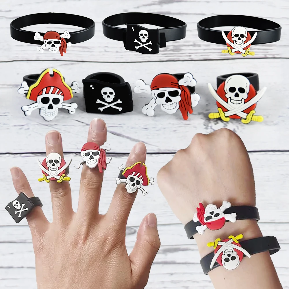 Pirate Party Favors Gift Halloween Pirate Skull Bracelets Ring Wristband  For Kids Caribbean Pirates Themed Birthday Decoration