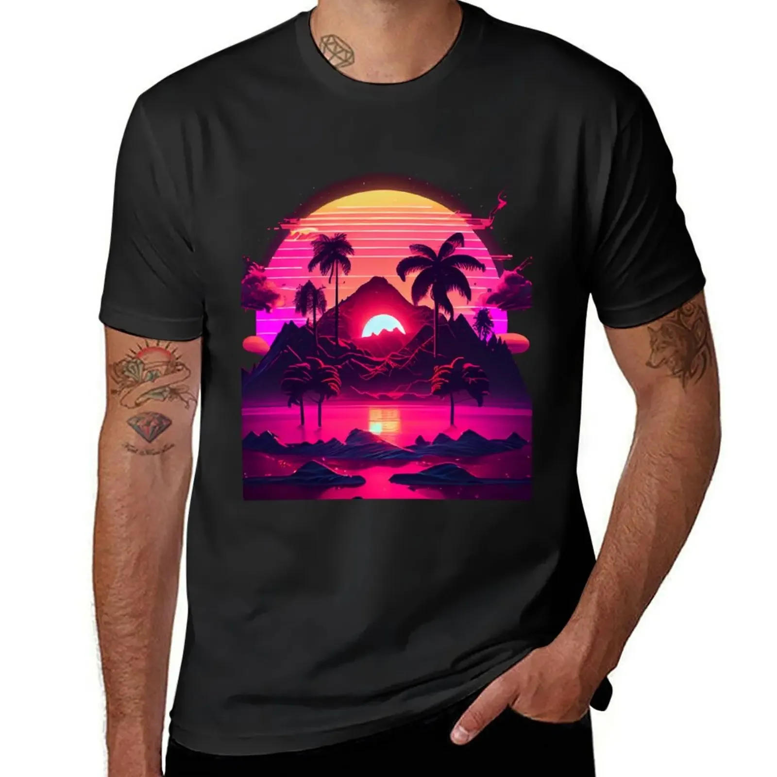 Synthetic Visions: Sunrise by the Sea T-Shirt for a boy basketball graphic tees Men's cotton t-shirt