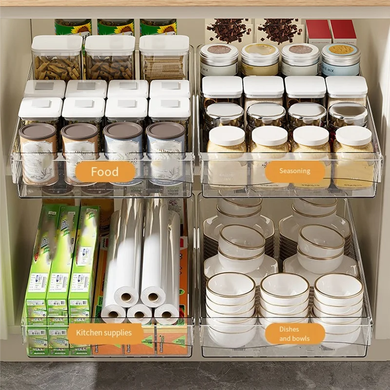 A88E-Retractable Drawer Transparent Sliding Rail Rack Kitchen Storage Box Movable Drawer Storage Basket Storage Box