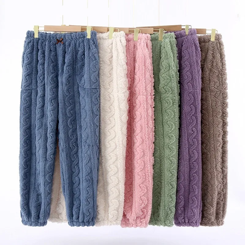 

Autumn Winter Women Soft Fleece Sleep Bottoms Female Thicken Nightwear Trousers Ladies Simple Warm Sleepwear Pajama Pants