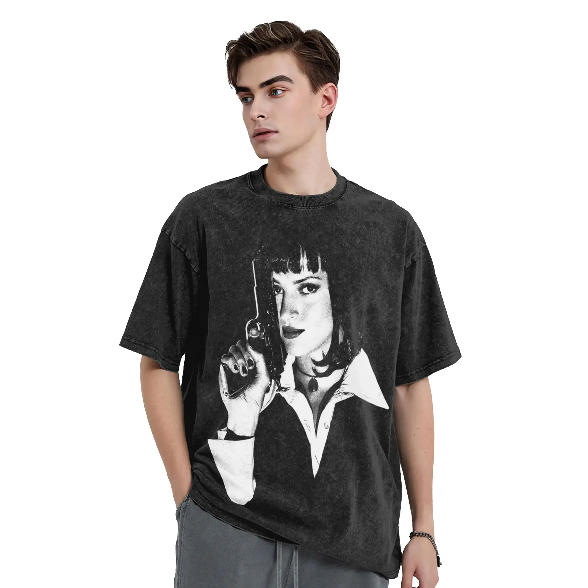 Mia Pulp Fiction T Shirts Hip Hop Washed High Street T-Shirt  Casual for Men Women Tops Streetwear Printed Tee Shirt