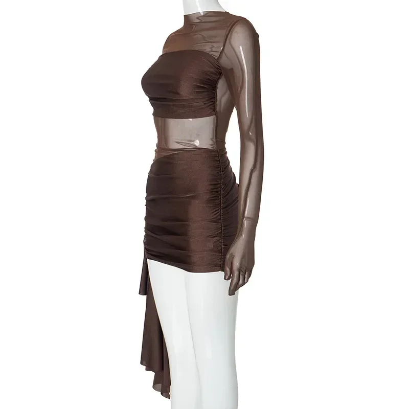 สีน้ําตาลเซ็กซี่ SHEER ตาข่ายดูผ่านผู้หญิง Y2K ชุดแฟชั่นฤดูร้อน Vestidos แขนยาว Club PARTY Dresses MINI