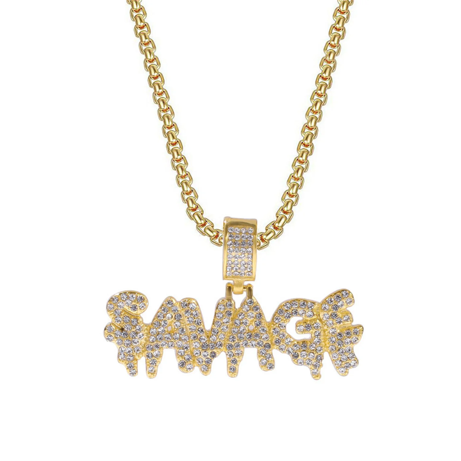 

Hip Hop Iced Out Bling Savage Pendant Dropshipping Gold Color Stainless Steel Rapper Letter Necklace for Men Hiphop Jewelry Gift