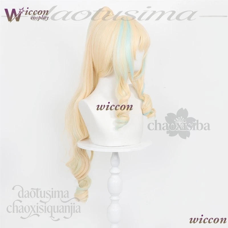 WonkaCos Vesna Strivozha Cosplay Anime Game Genshin Impact Yellow Single Ponytail Wig Mint Green Highlights Synthetic Halloween view 4