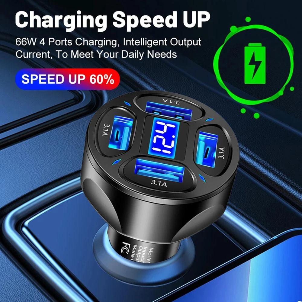 Cargador Usb para coche, toma de encendedor de cigarrillos, pantalla Digital Led, 12V, 66W, 1 a 4, adecuado para Samsung, Huawei, Xiaomi, Iphone