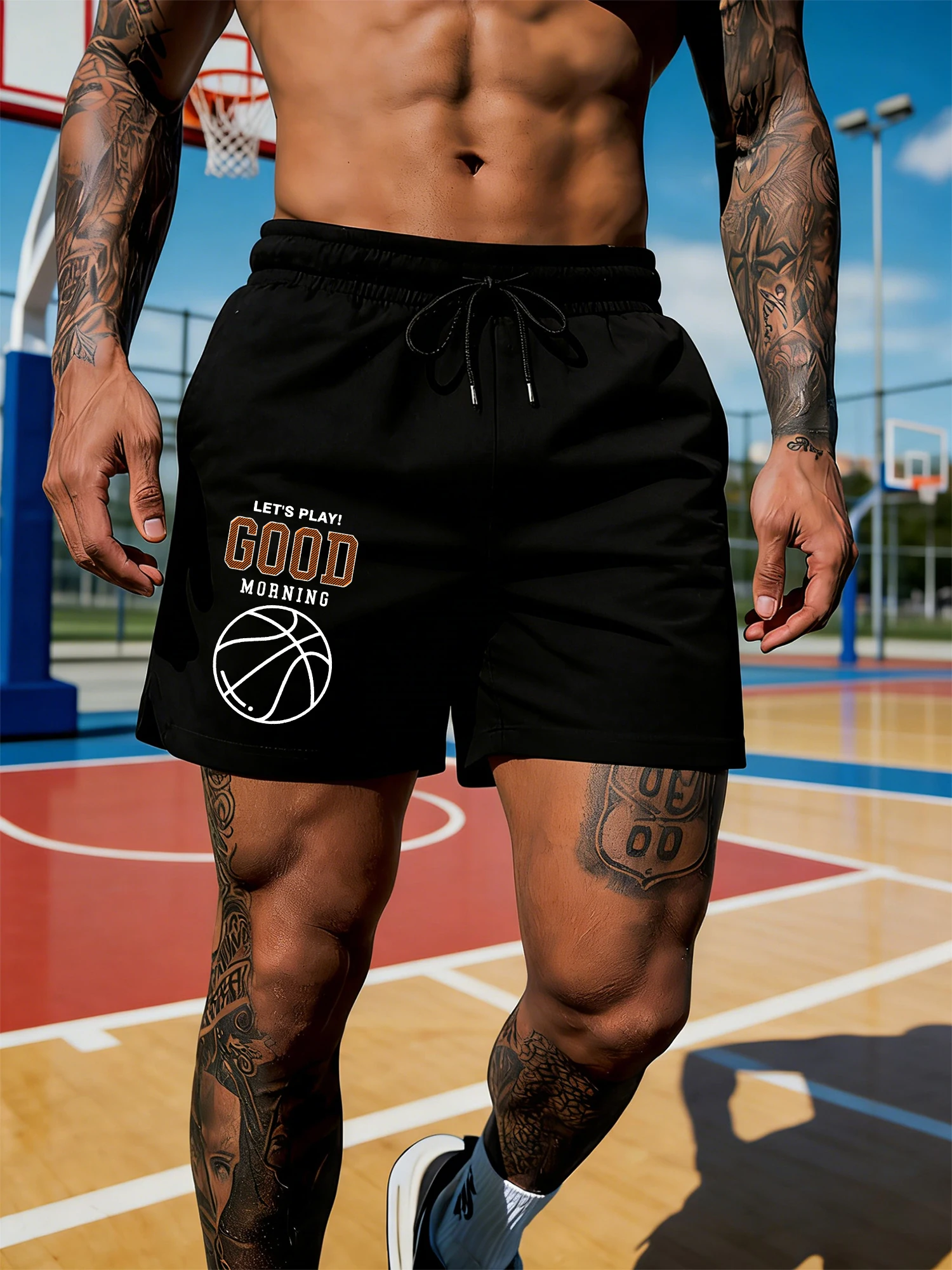 

Good Morning Let'S Play Basketball Pocket Black Pants Men Summer Shorts Wide-Leg Pants Loose Retro Unisex Fashion Sportwear