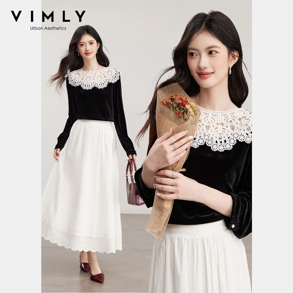 

Женская черная бархатная блузка VIMLY, новинка весны 2026, с кружевной отделкой, круглым вырезом, длинным рукавом, элегантный женский топ A3881