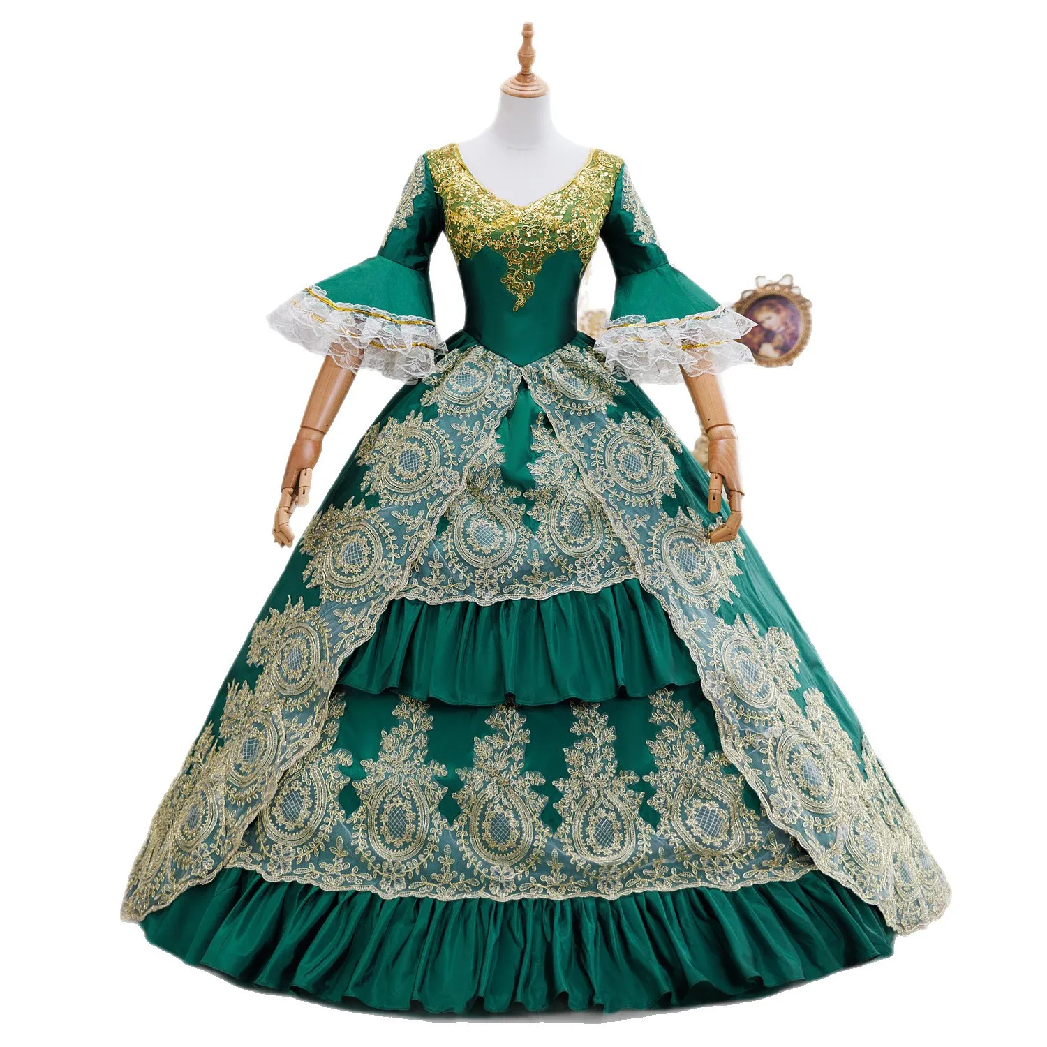 زي المحكمة الساحرة للهالوين الأخضر للسفر والتصوير الفوتوغرافي للملكة النبيلة والدراما والولائم فستان الرقص والسهرة والحفلات الفاخرة