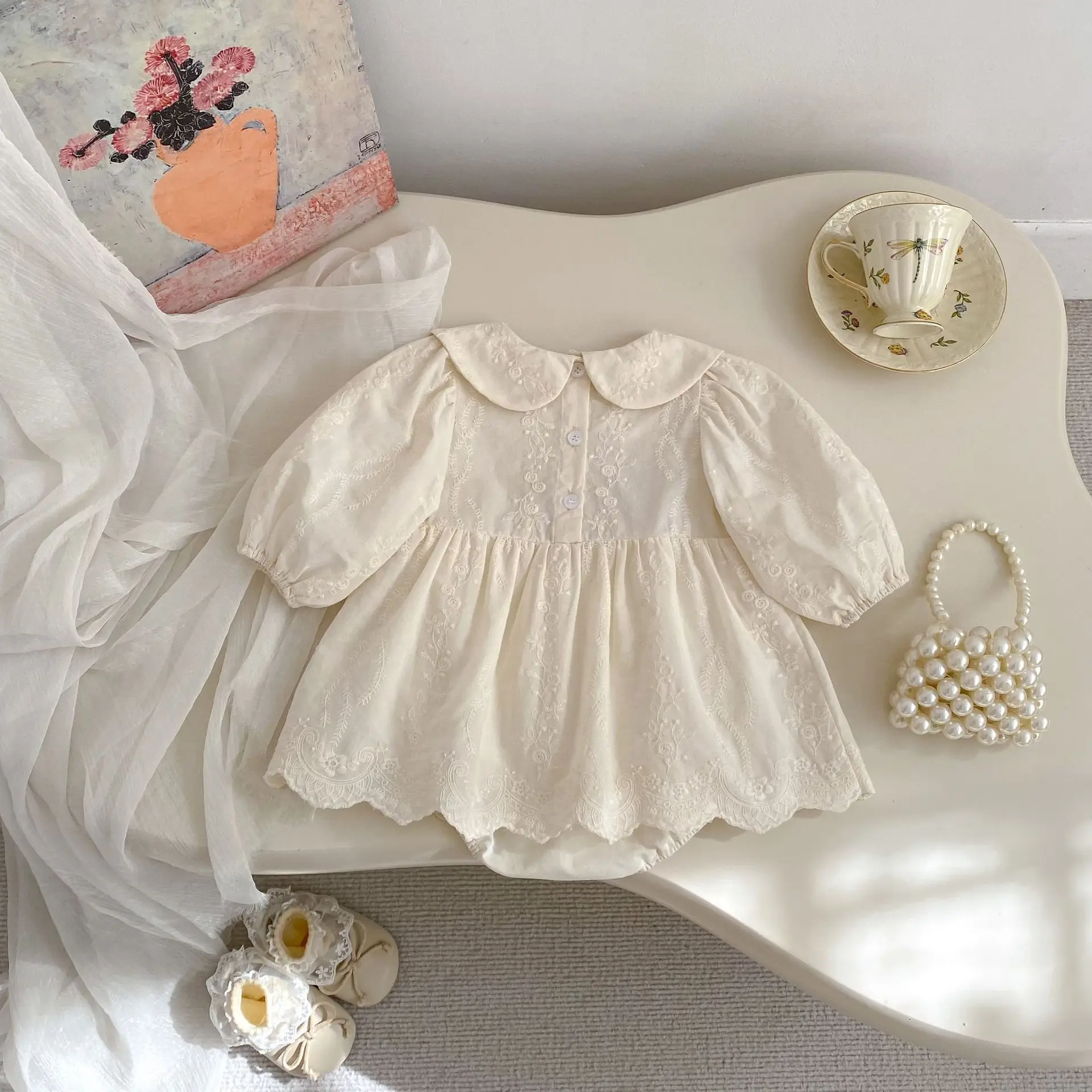 Baby Clothing 2026 Spring New Baby Girl Romper Dress Cotton Embroidered Infant Girl Bodysuit Long Sleeve Princess Dresses