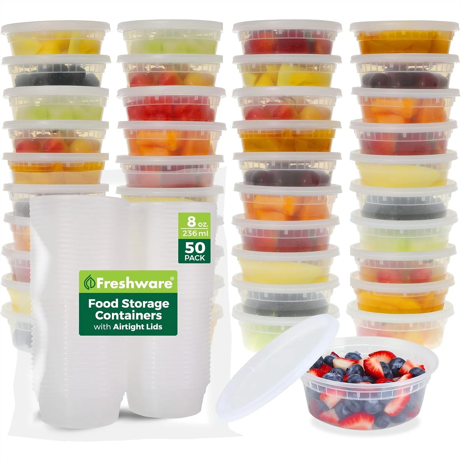 50 Pack 8 oz Plastic Deli Containers with Lids for Meal Prep, Soup, Slime - Leakproof, Stackable, Microwave Safe