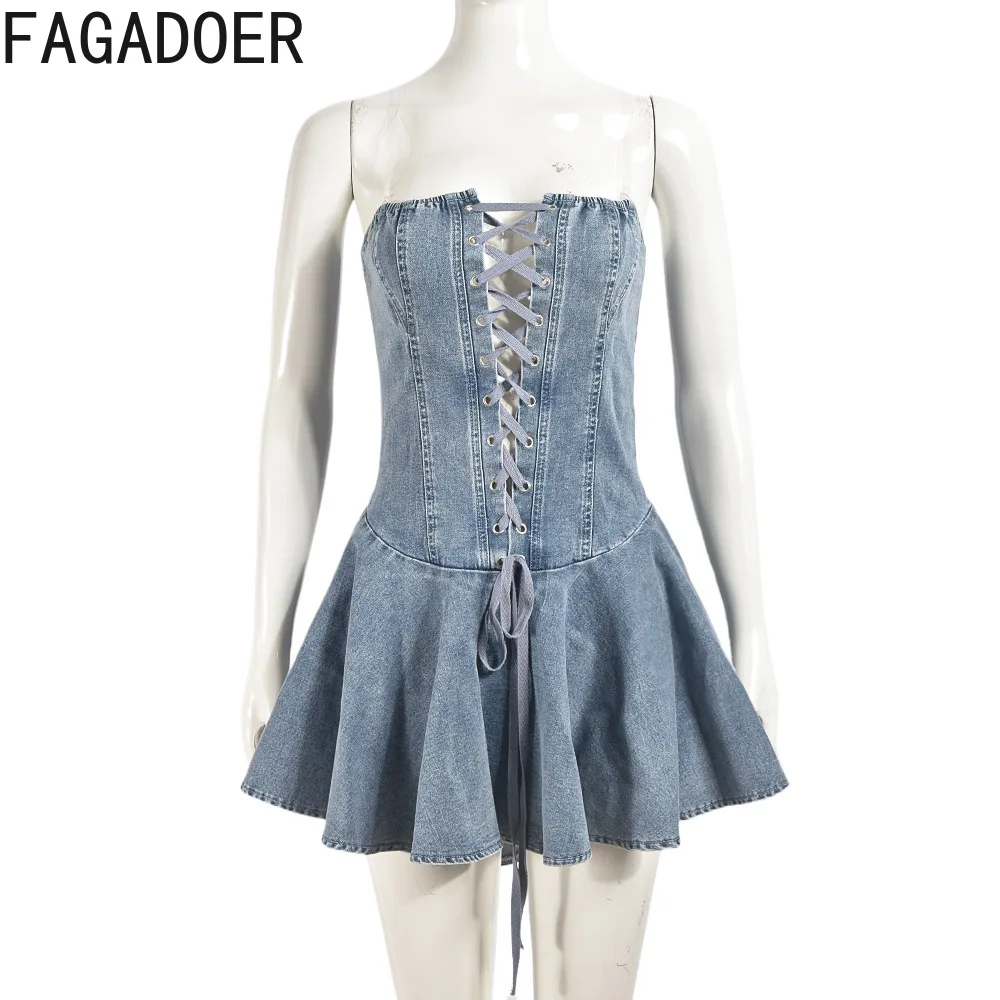 FAGADOER Fashion Denim Hollow Bandage Bodycon Mini Dresses Women Sleeveless Backless Lace Up Ruffle Vestidos Sexy Jean Clothing