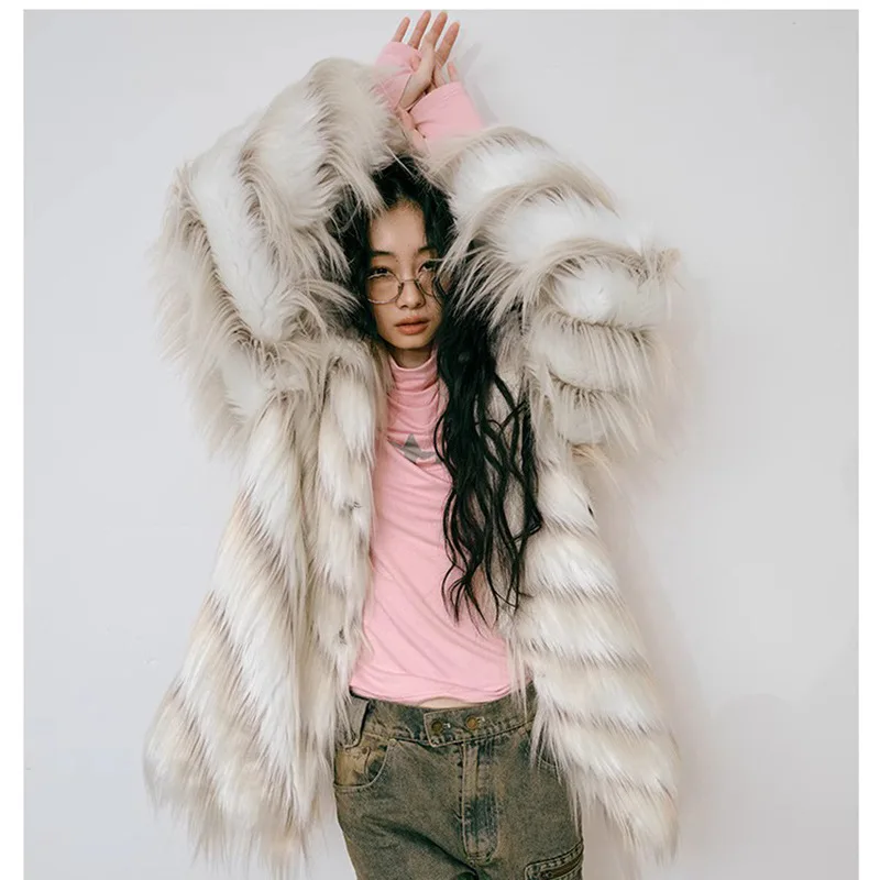 Women's Fur Coat Vintage Tassels Shaggy Faux Fox Fur Coat Fall/Winter Thick Loose Tops