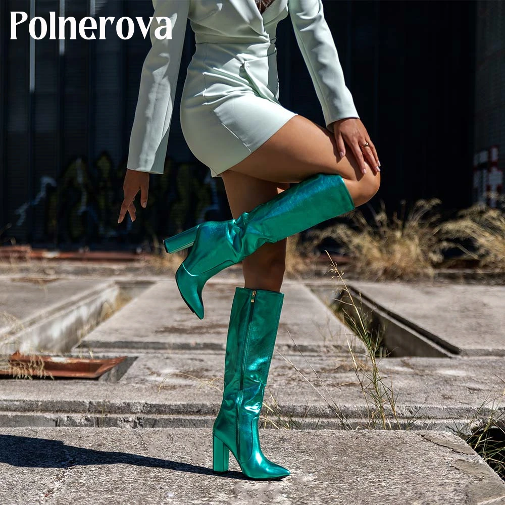 Metallic Leather Knee Boots for Women Chunky Heel Pointed Boots Fashion Style Customized Multicolor Handmade Boots Winter Shoes