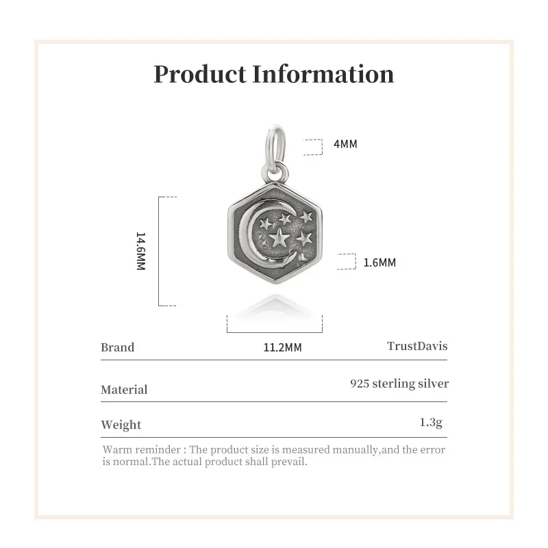 TrustDavis Fashion Real 925 Sterling Thai Silver 2022 Sweet Hexagram Moon Charm Pendant Handmade DIY Accessories Jewelry DZ504