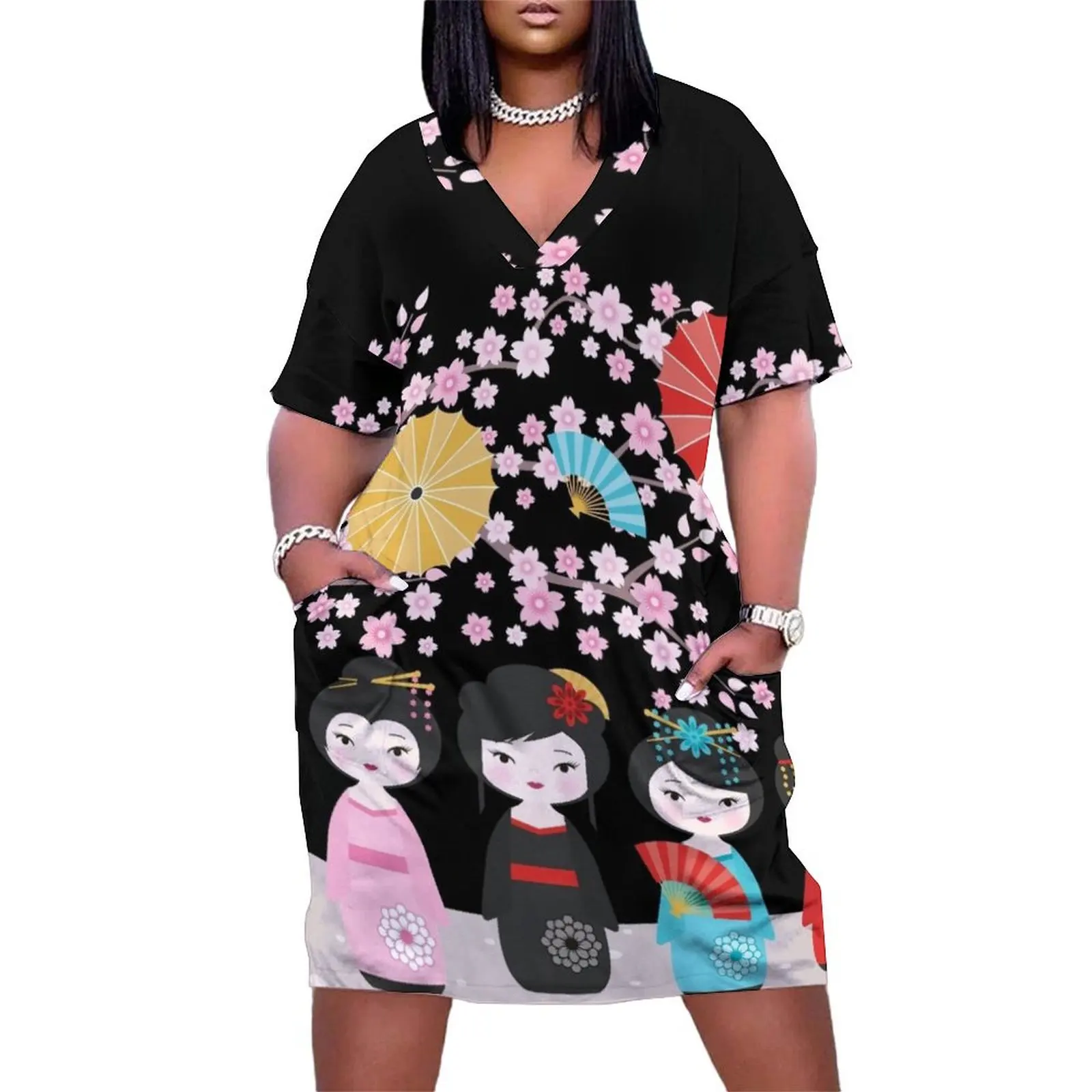 Japanese Kokeshi Dolls Black Loose Pocket Dress long sleeve dresses Elegant gowns