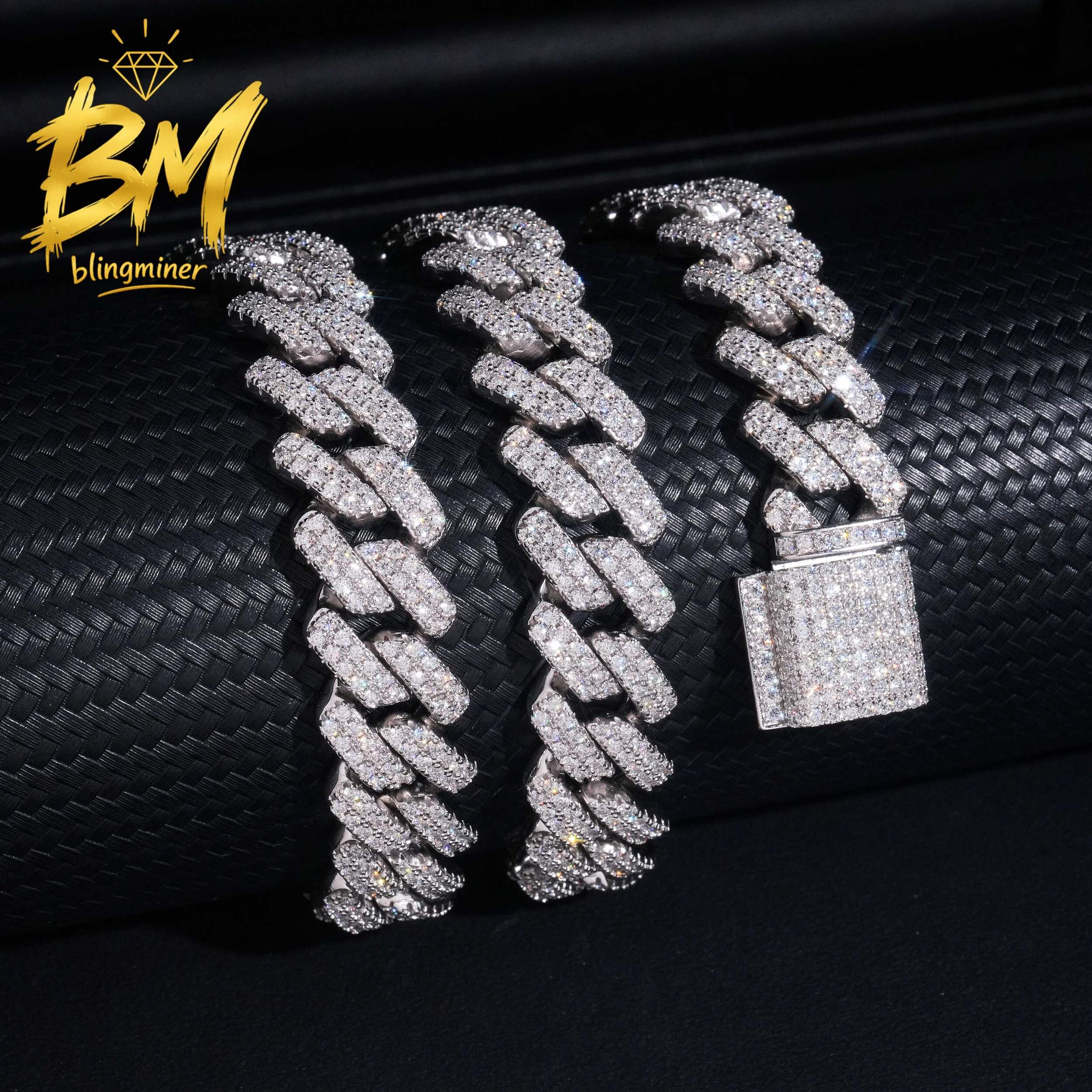 Blingminer 14mm 2Rows VVS Moissanite S925 Silver Iced Out Cuban Link Chain Necklaces For Men Jewelry Pass Diamonds Tester With