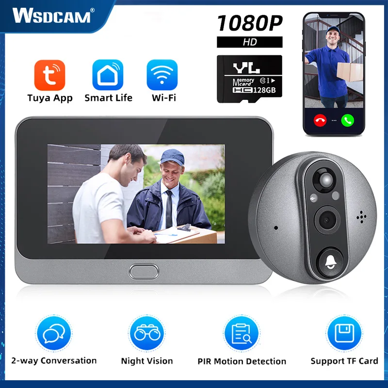 

Wsdcam Tuya WiFi Wireless Doorbell For Home 4.3Inch 1080P HD Door Peephole Camera App Night Vision Motion Detection Smart Home