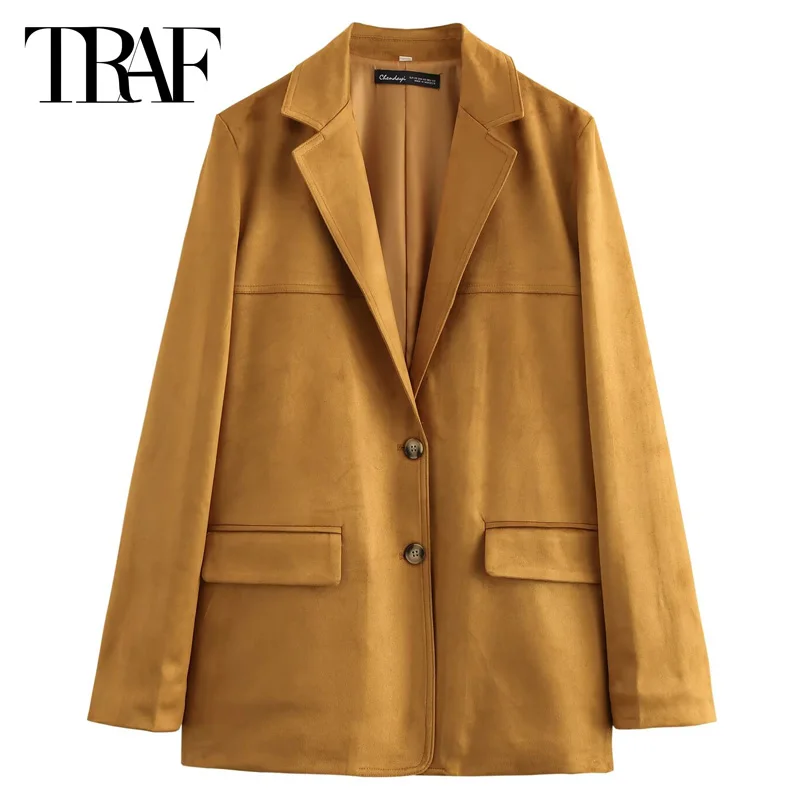 TRAF 2024 Office Wear Women's Blazer Outerwears Solid Suede Jacket Long Sleeve Blazer High Quality Women's Blazer Wear To Work