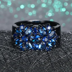 Male Female Luxury Crystal Blue Zircon Stone Engagement Ring Vintage Black Gold Color Wedding Jewelry For Men Women