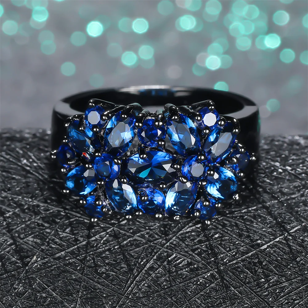 Male Female Luxury Crystal Blue Zircon Stone Engagement Ring Vintage Black Gold Color Wedding Jewelry For Men Women