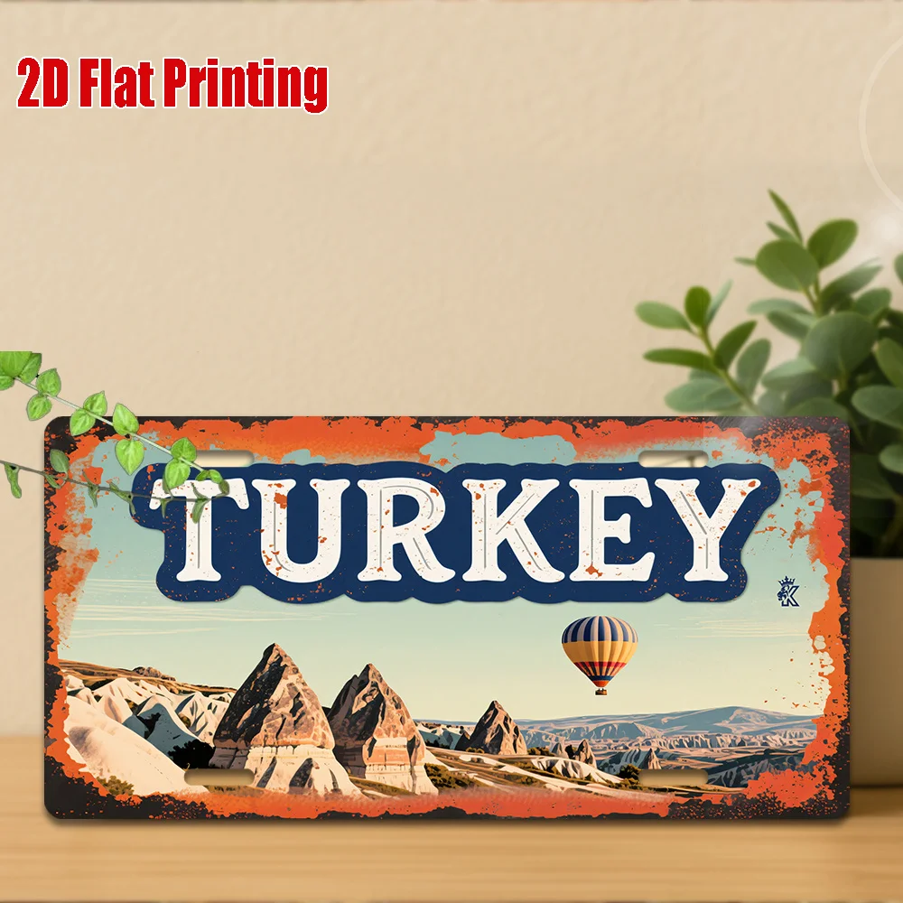 HD Aluminum Metal Sign, Turkey Cappadocia Vintage License Plate Style Wall Decor, Retro Hot Air Balloon Fairy Chimney Landscape