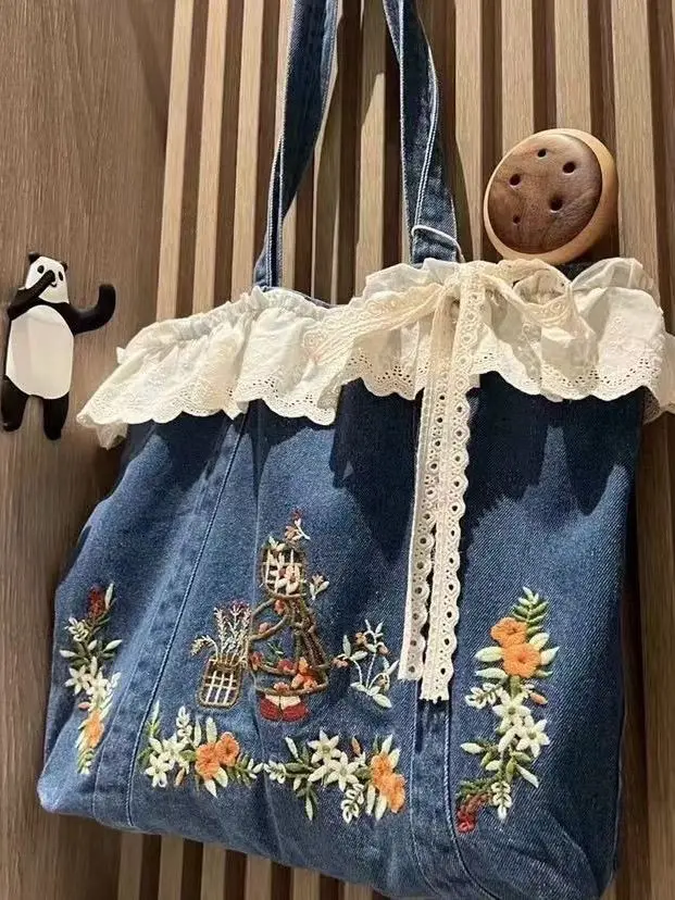 レトロ花柄刺繍デニムハンドバッグ女性のシングルショルダーバッグレースパッチワーク芸術的な和風キャンバストートバッグ