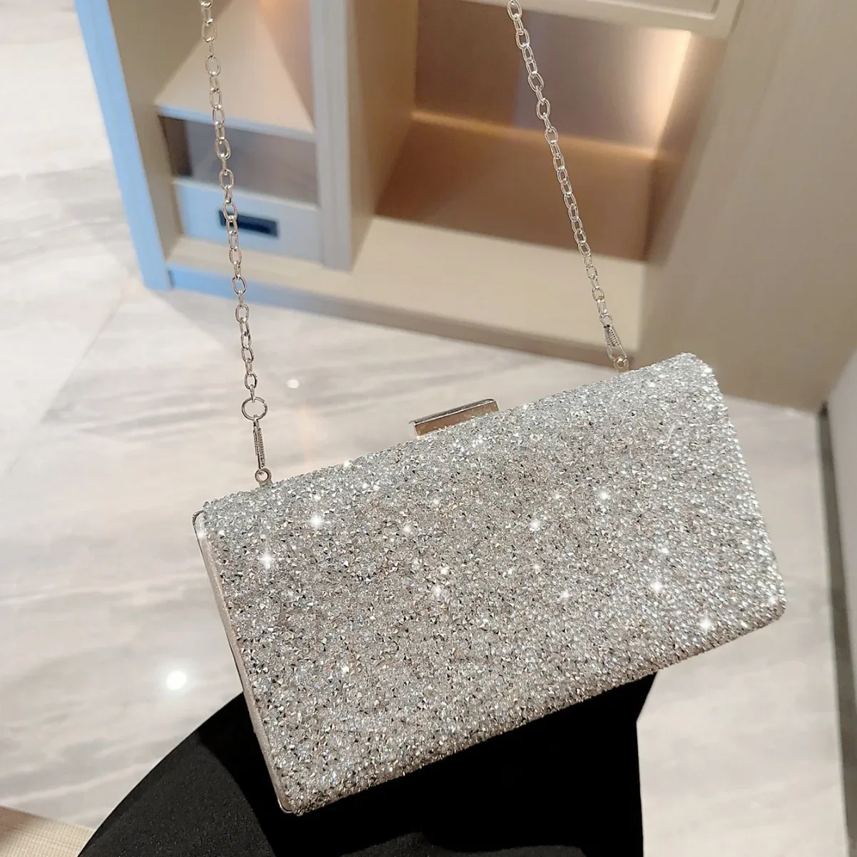 Shining Silver Drill Evening Bags Ladies Wedding Banquet Clutches Party Handbag Clutch Silver Color Chain Shoulder Bag For Women