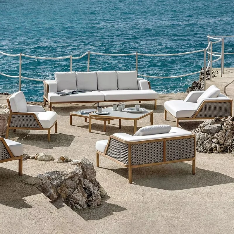 #Outdoor Teak Sofa Set Villa Patio Balcony All-weather Waterproof Rope Weaving Furniture Hotel Garden Wooden Sofa