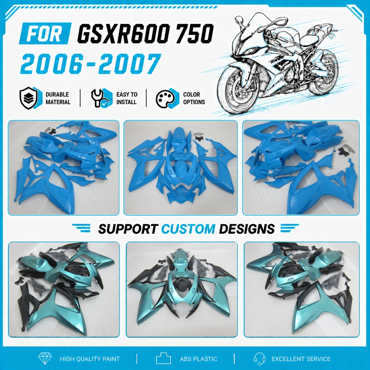 For GSXR600 GSXR750 2006 2007 06 07 Full Motorcycle Cowling Parts High Quality ABS Panels Custom Paint