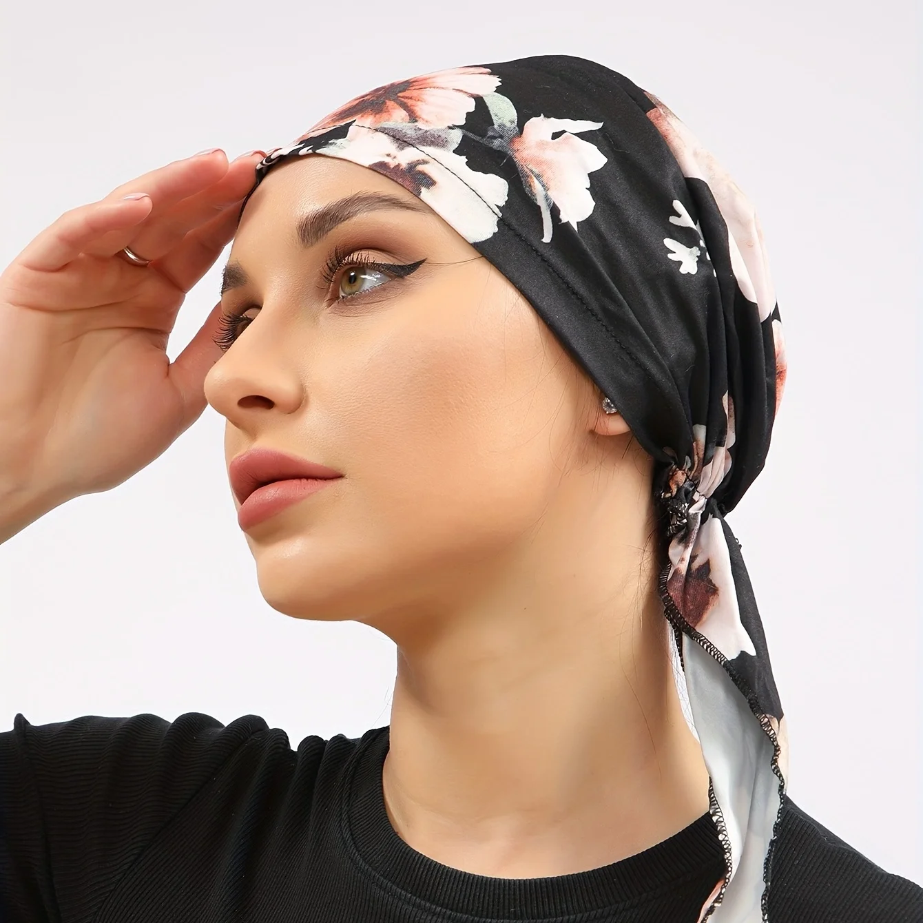 Womens Muslim Hijab Cancer Chemo Flower Black Print Hat Turban Cap Hair Loss Head Scarf Wrap Pre-Tied Headwear Strech Bandana