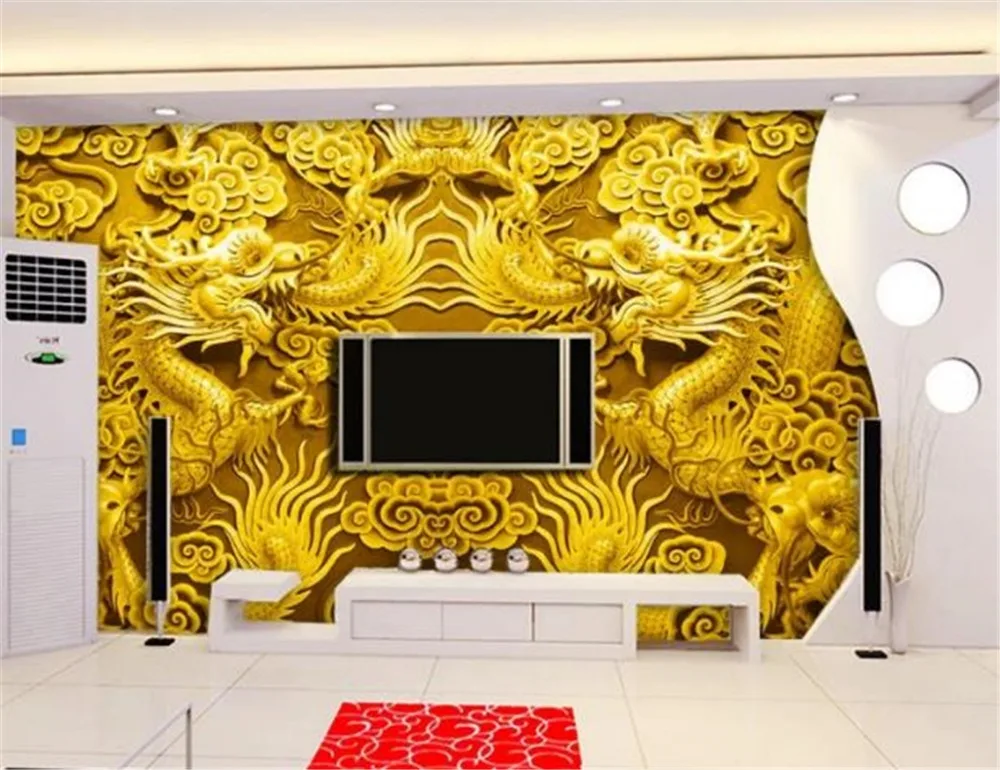 Customized products Photo 3d Wallpaper Woodcarving Chinese Golden Dragon Living room TV background wall Decoration Mural bedroom