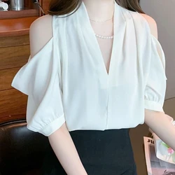 Summer Woman Clothes V-neck Chiffon Half Sleeve Shirt Chic Temperament Fashion Strapless Thin Slim Casual Office Lady Elegant