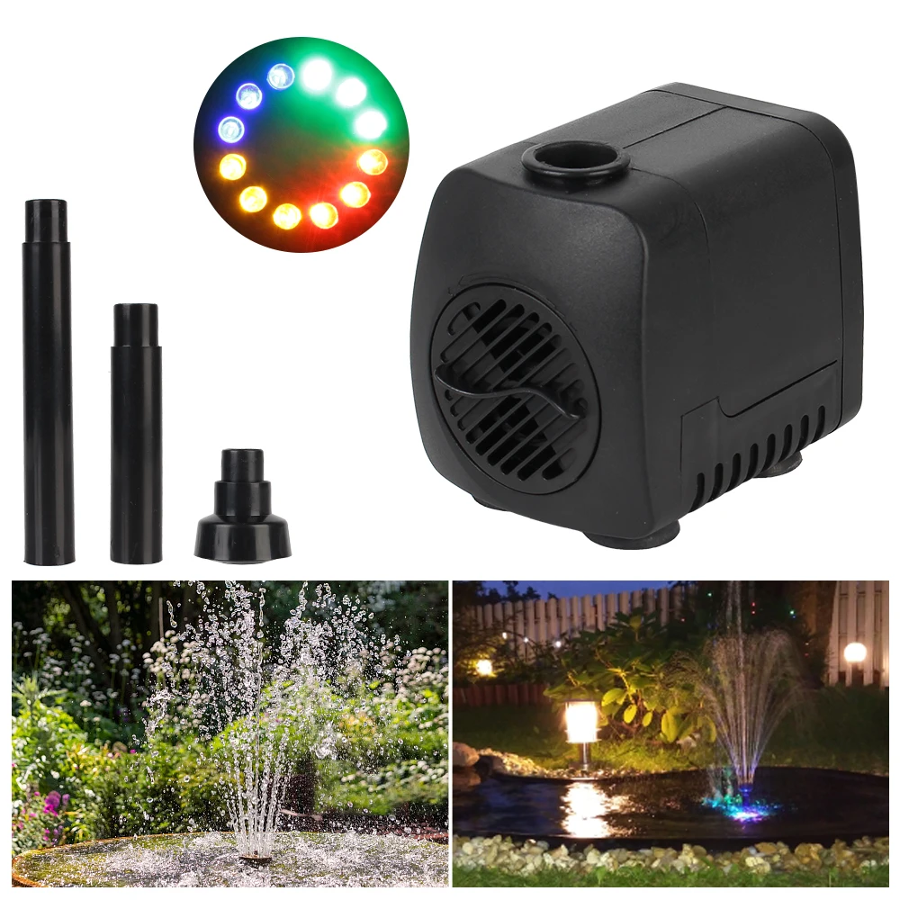 Bomba de agua ultrasilenciosa para jardín, fuente de acuario de 15 W, impermeable, enchufe europeo con 12 luces LED ajustables