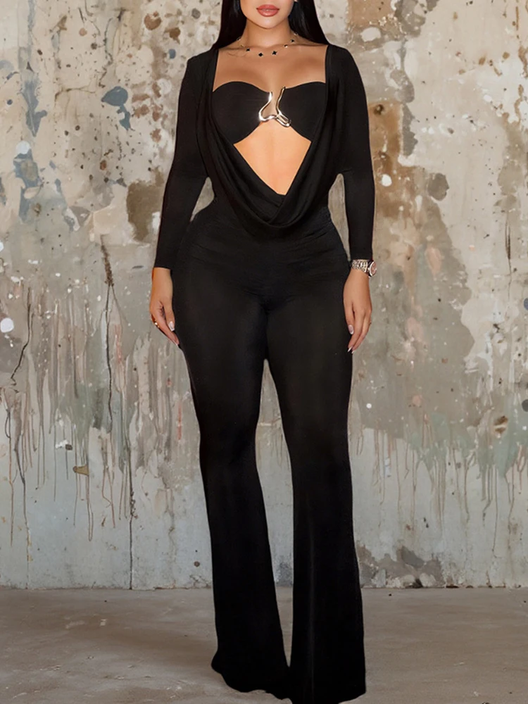 カジュアルフィットのラウンドネックジャンプスーツ、装飾要素なし、レディースオールインワンロングパンツ、ファッショナブルなスタイル