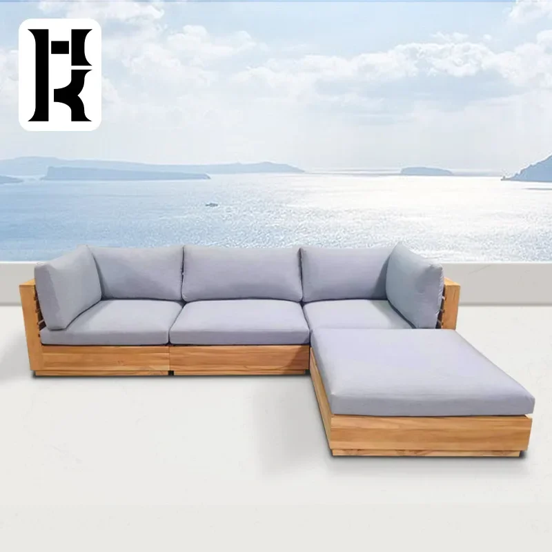 Modern Teak L-Shaped Gray Sofa Living Room Garden Suit Furniture Sofa Outdoor Wooden Teak Sofa