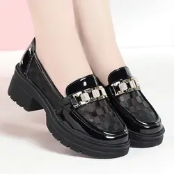 Ladies Pumps Loafers Chunky Heels Normal Leather Casual Round Toe Block Heel Women's Shoes Elegant Dress Shoe Genuine Mark Chic