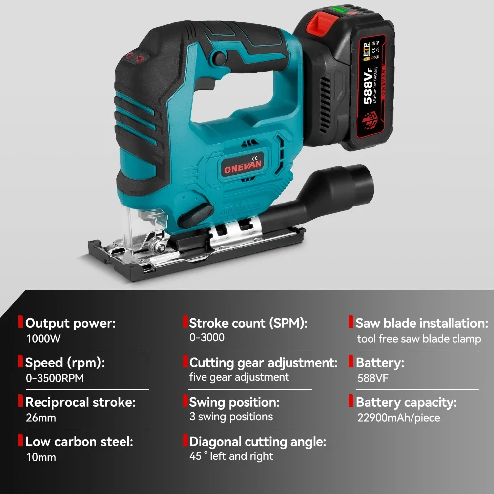 Brushless Electric Jig Saw 1000W 3500RPM Cordless Jigsaw Angle Adjustable 3-Speed Woodworking Power Tool for Makita 18V Battery