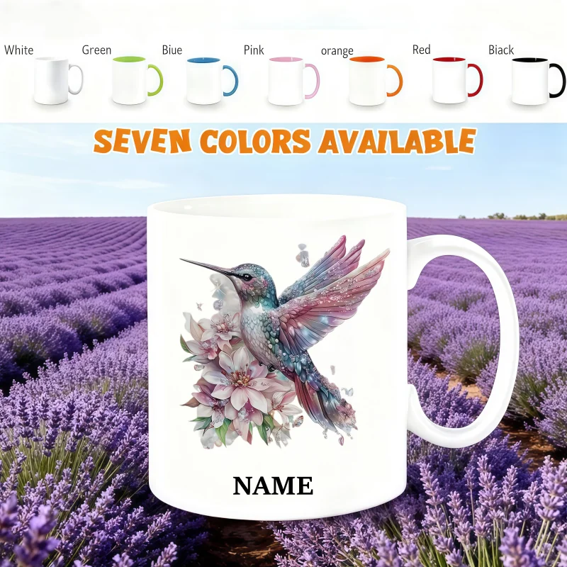 Customizable Name Mug with Glitter Hummingbird & Flowers – Machine Washable Coffee Cup – Perfect Birthday and Holiday Gift