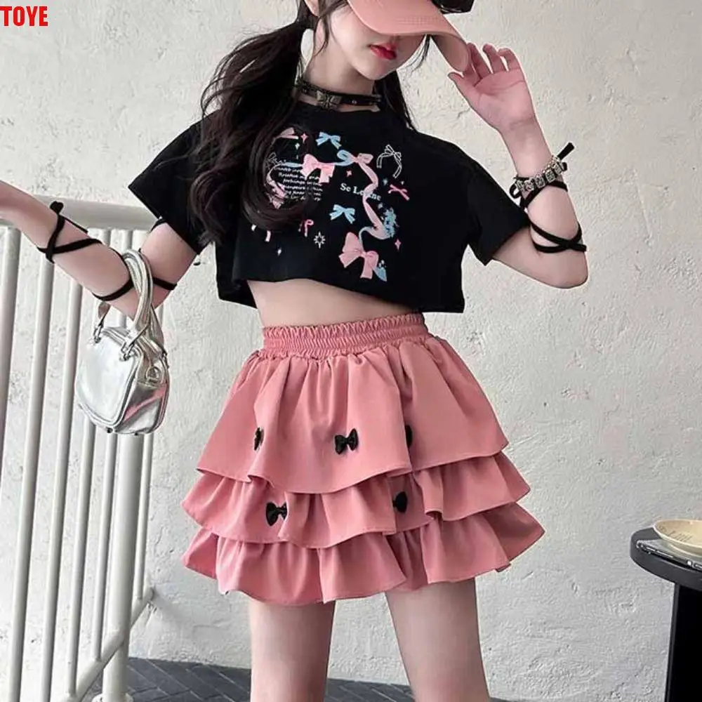 

Two Pieces Set Y2K Bow Children Cake Skirt Set Slim Fit Pleated T-shirt Skirt Suit Teenagers Sweet Girls Clothes Set Party